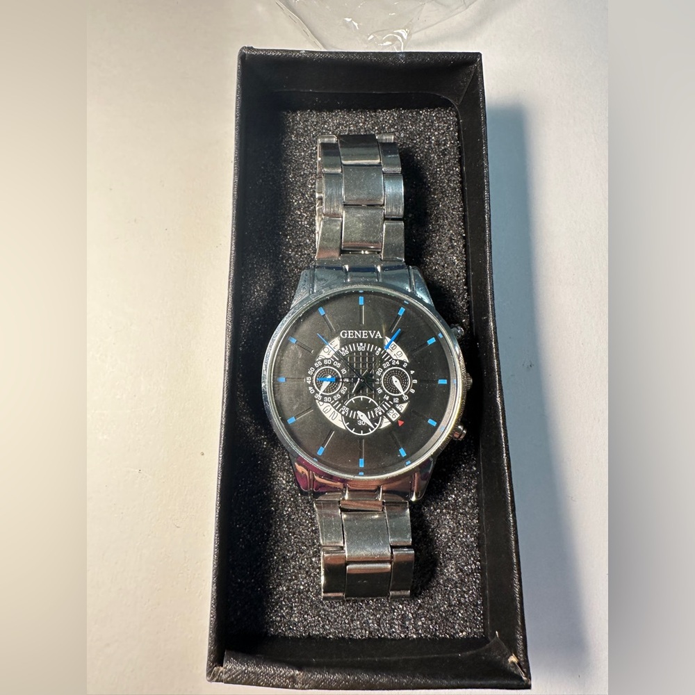 Geneva Mens Watch Black dial Chrono style with Blue Accents